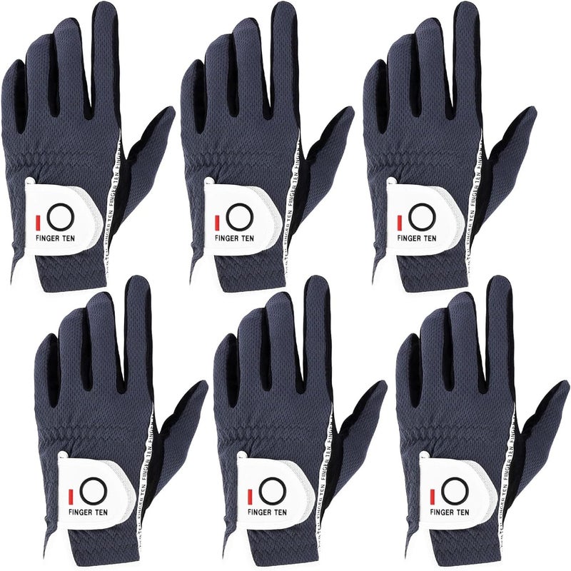 FINGER TEN Golf Gloves Men Right Left Handed Golfer Mens Glove RainGrip Hot Wet Weather Value 6 Pack, All Weather in Grey Medium (Grey, Medium, Left) - Image 1